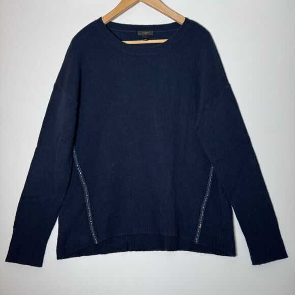 J.Crew 100% Wool Sweater Women’s Large Blue Rhinestone Embellished Preppy - Picture 1 of 12
